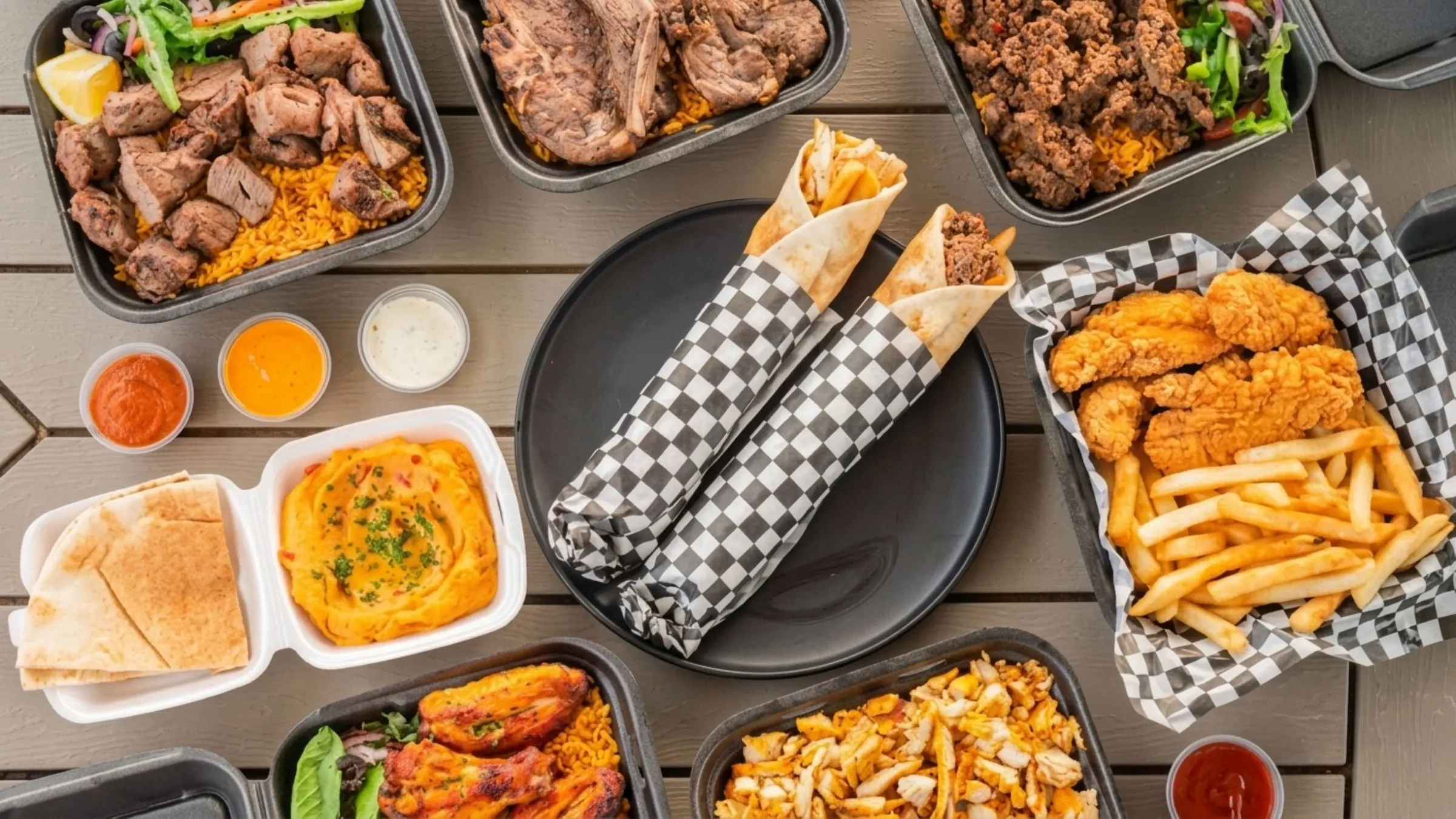 Nomad Eats spread on a wooden table: lamb skewer, lamb chop and beef kebab plates over rice, two wraps in checkered paper, hummus with pita bread, chicken tenders with fries, grilled wings, loaded fries, and three sauces