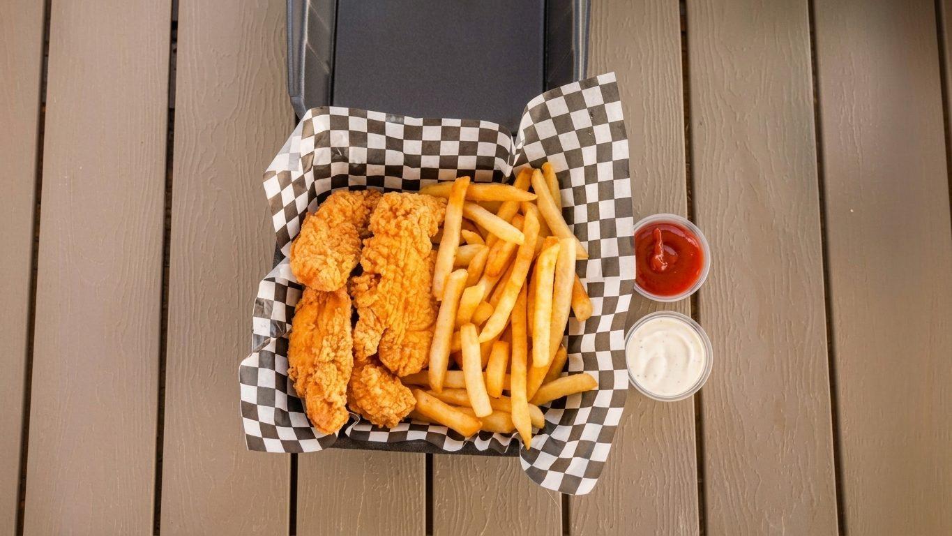 Chicken tenders with fries and ketchup in a checkered-paper basket