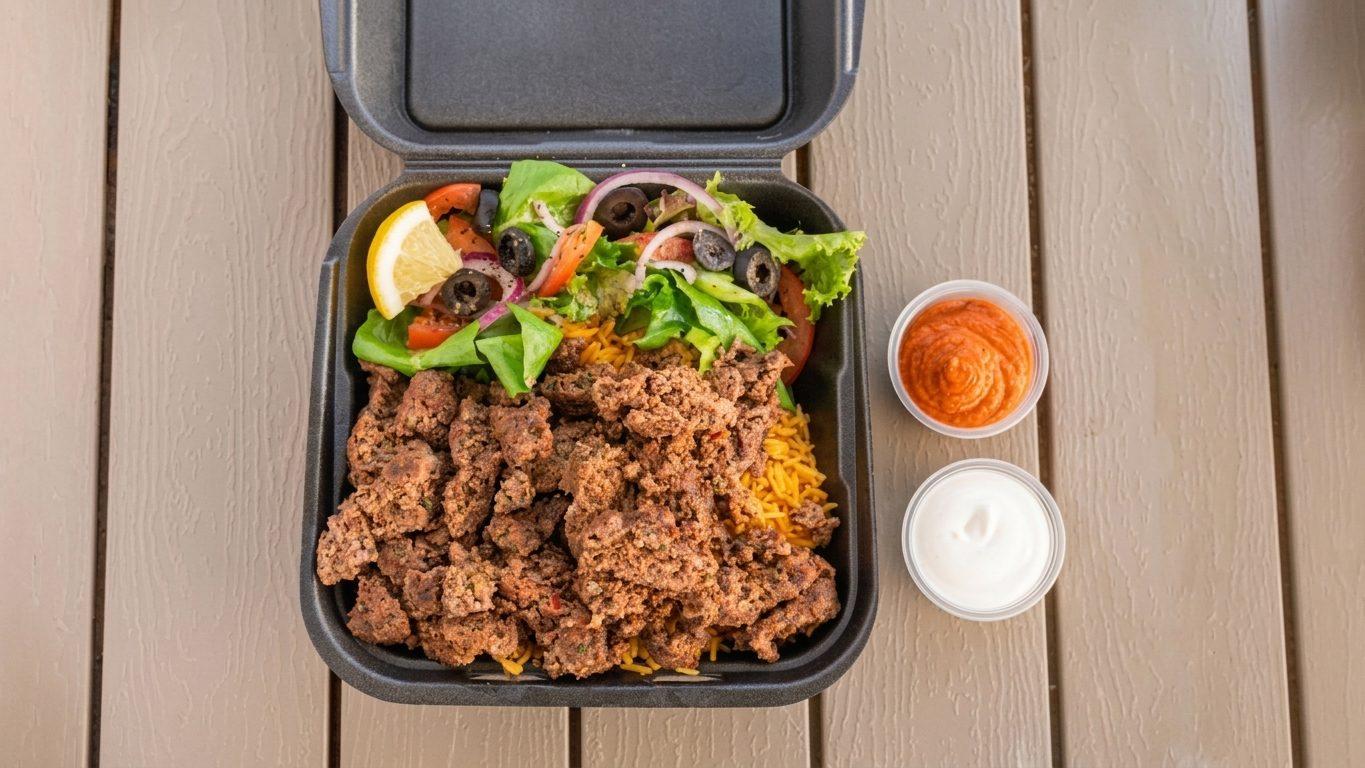 Beef kebab plate: chopped charcoal-grilled beef over rice with salad, harissa and garlic sauce
