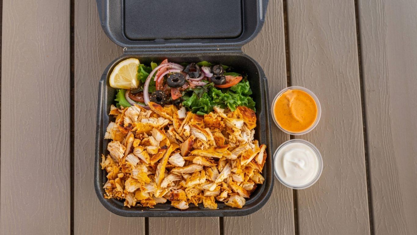 Chicken shawarma plate: grilled chicken over rice with salad, harissa and garlic sauce