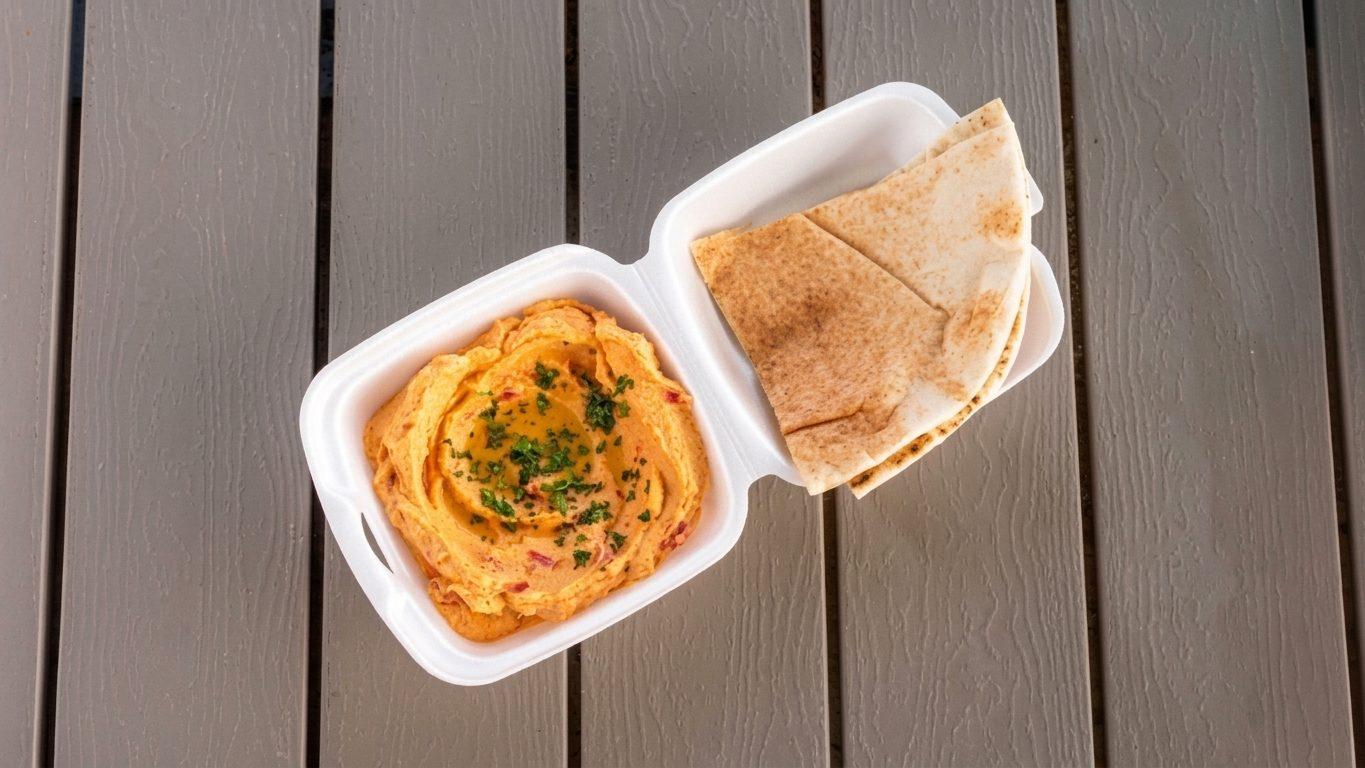 Hummus topped with olive oil and parsley, with pita triangles