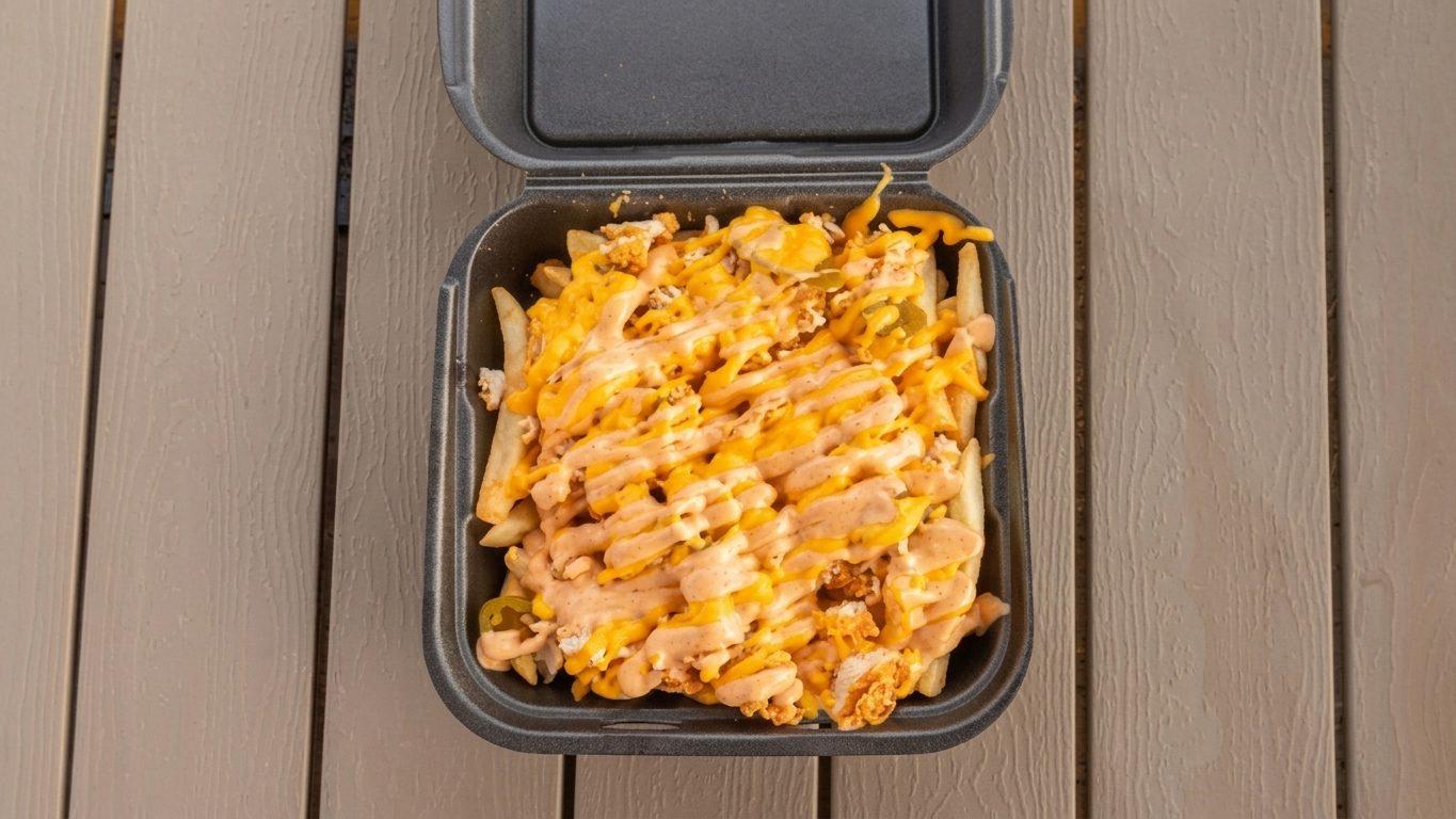 Loaded fries topped with melted cheese, chicken tender pieces and sauce