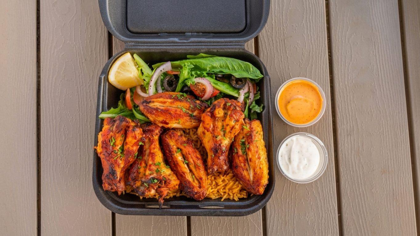 Grilled wings plate: charcoal-grilled wings over rice with salad, lemon and two sauces