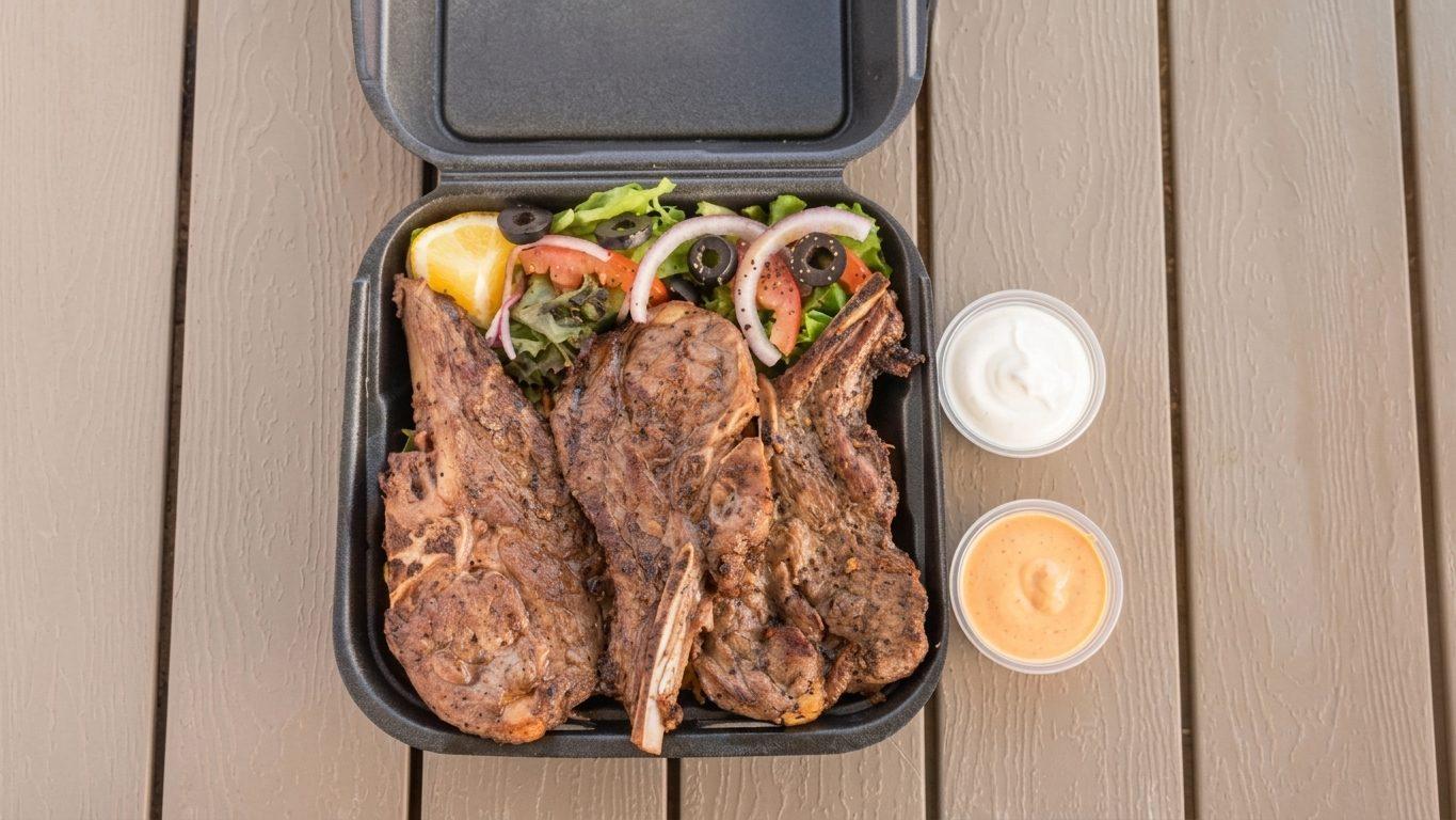 Lamb chops plate: charcoal-grilled chops over rice with salad, lemon, garlic sauce and harissa
