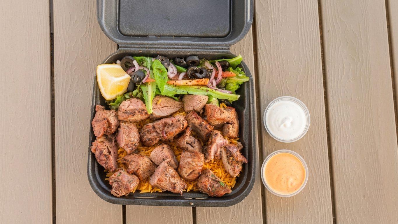 Lamb skewer plate: grilled lamb cubes over rice with salad, lemon and two sauces